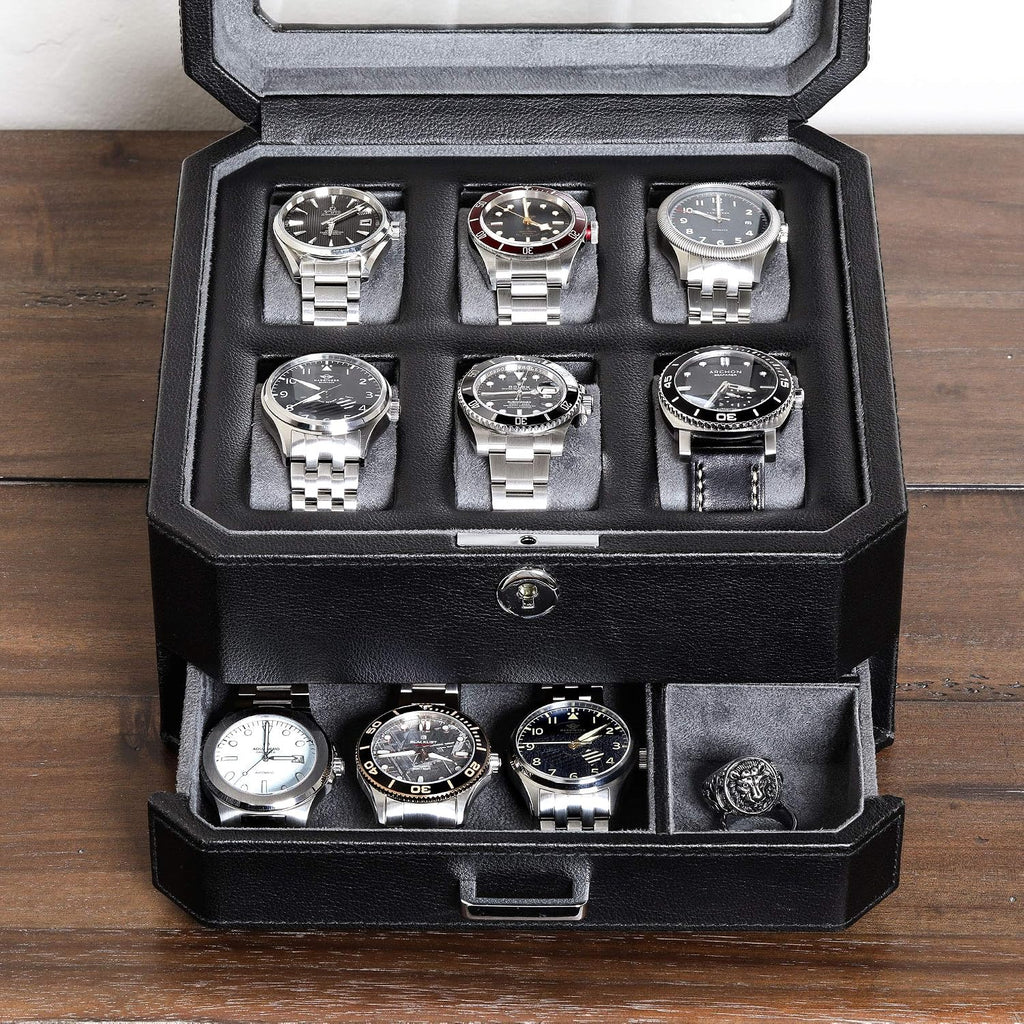 ROTHWELL Gift Set 6 Slot Leather Watch Box and 2 Watch Travel Case - Luxury Case Organizer, Microsuede Liner, Locking Mens Jewelry Watches Holder, Storage Boxes Glass Top (Black/Grey Gift Set)