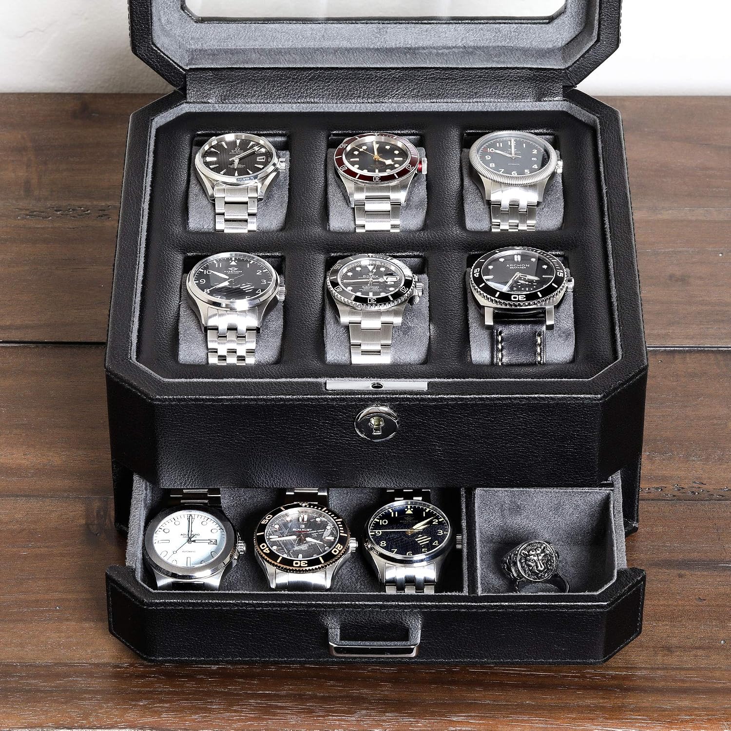 ROTHWELL Gift Set 6 Slot Leather Watch Box and 2 Watch Travel Case - Luxury Case Organizer, Microsuede Liner, Locking Mens Jewelry Watches Holder, Storage Boxes Glass Top (Black/Grey Gift Set)