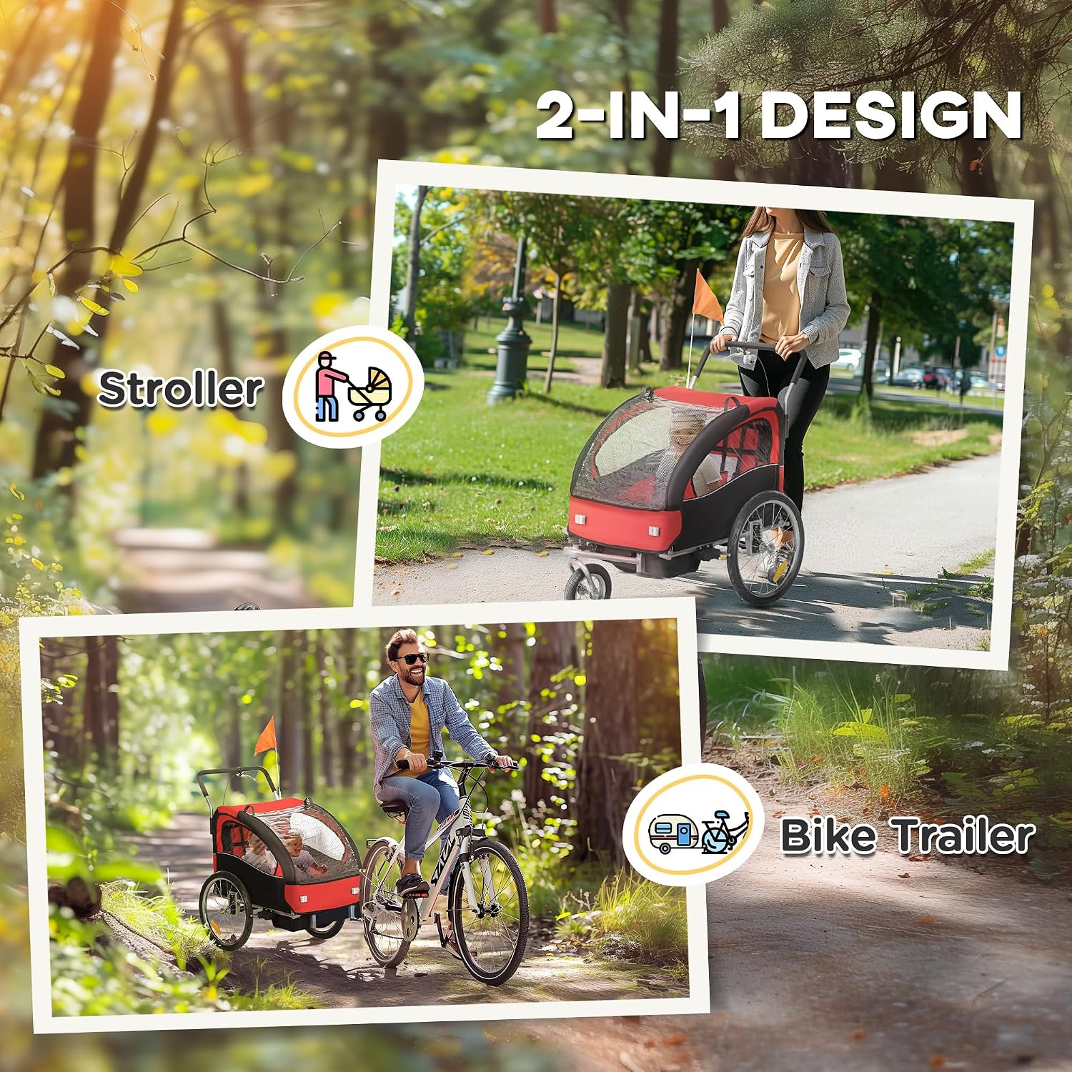 Aosom Elite 360 Swivel Bike Trailer for Kids Double Child Two-Wheel Bicycle Cargo Trailer with 2 Security Harnesses