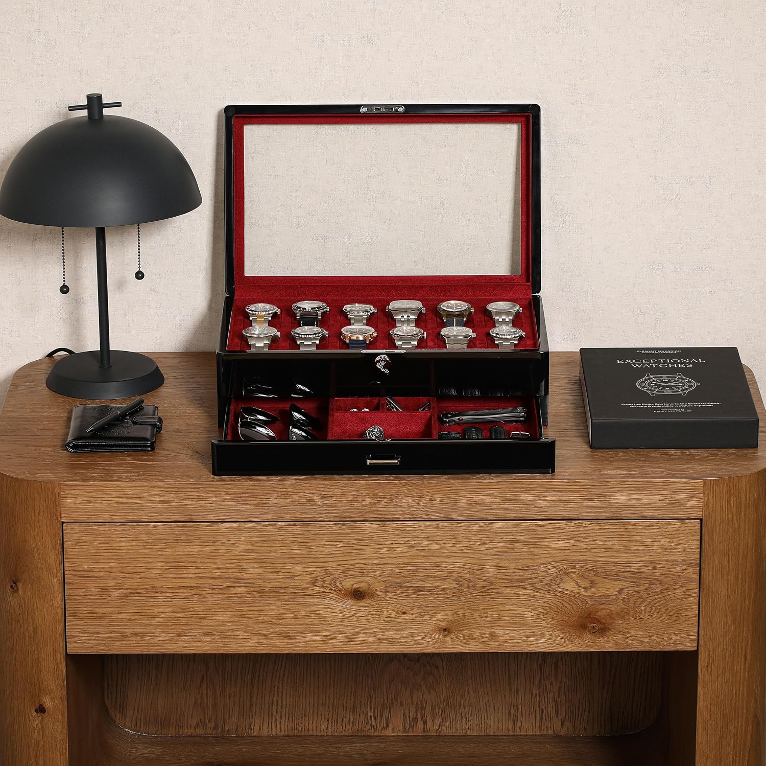 ROTHWELL 12-Slot Piano Black Watch Box with Valet Drawer - Premium Jewelry Display Case Organizer with Locking Glass Top and Microsuede Liner for Men & Women (Red Interior)