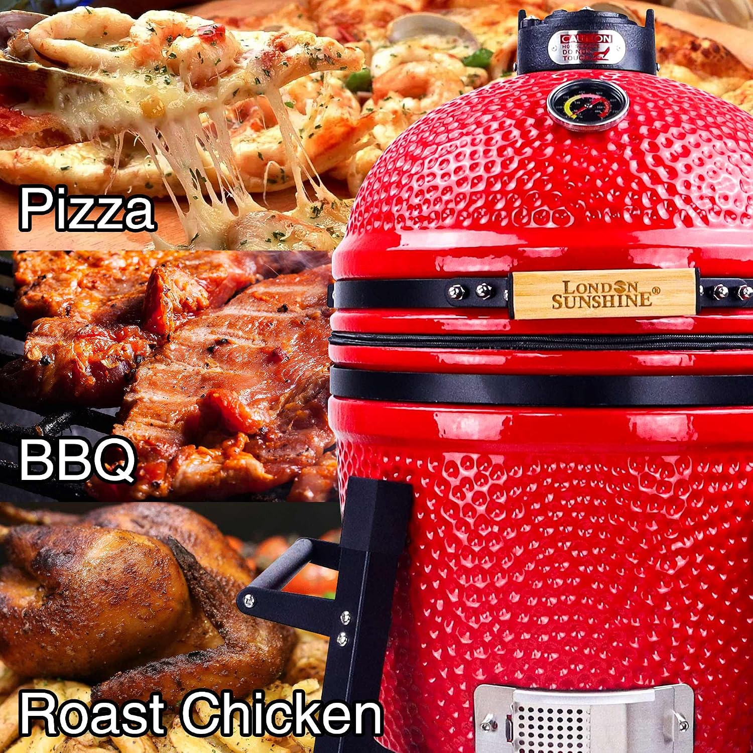 London Sunshine Ceramic Kamado Charcoal BBQ Grill and Smoker, Stainless Steel Grates -15' Ceramic with Tall Stand (RED)