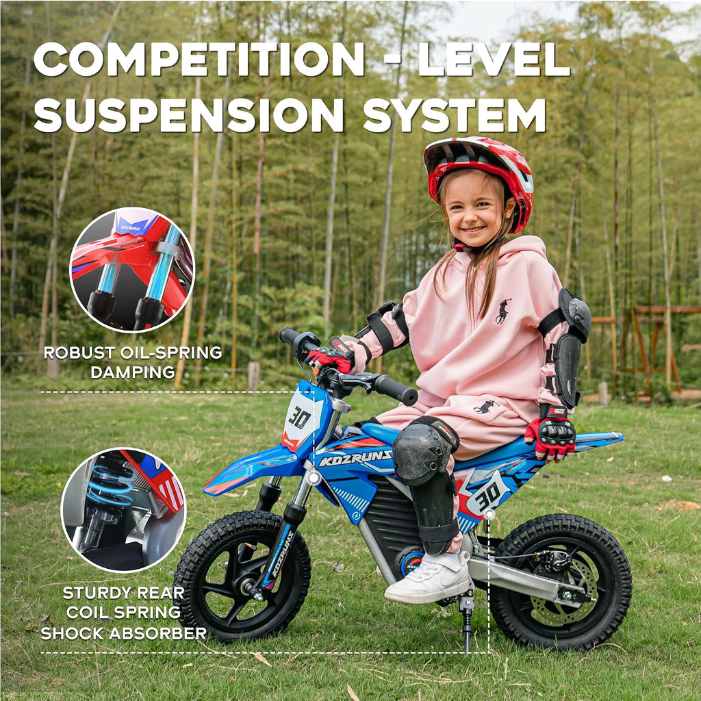 AIII 36V Electric Dirt Bike for Kids 3-8, High Performance 250W Racing Grade Motorcycle, Up to 15.5MPH, 3 Speed Settings, 12-Inch Off-Road Tires, Rear Disc Brakes & Advanced Shock Absorption, Blue