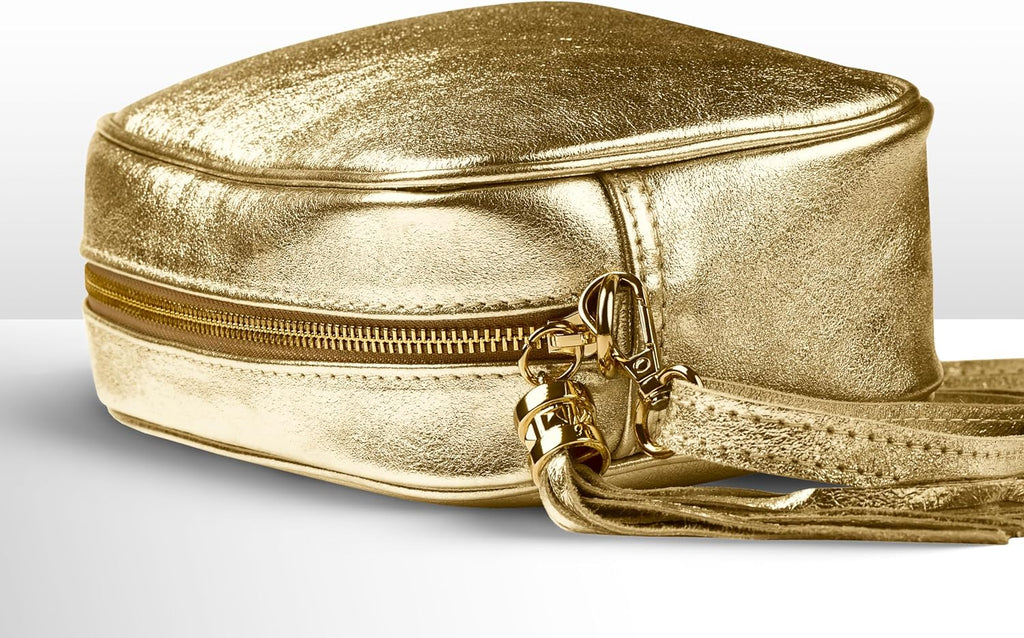 Italian Genuine Metallic Suede Crossbody Bag for Women with Zipper | Small Leather Camera Purse Shoulder Handbag Pocketbook