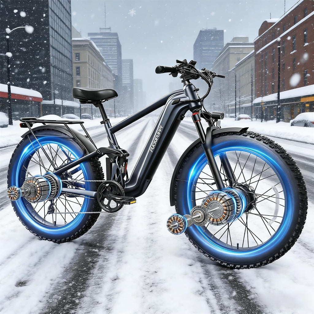PUCKIPUPPY Dual Motor Electric Bike for Adults 1600W, 48V 20AH Battery with Torque Sensor, Full Suspension, 26' Fat Tire, 28MPH, 8 Speed Mountain Electric Bicycle, 80 Mile Range, Golden Retriever Pro