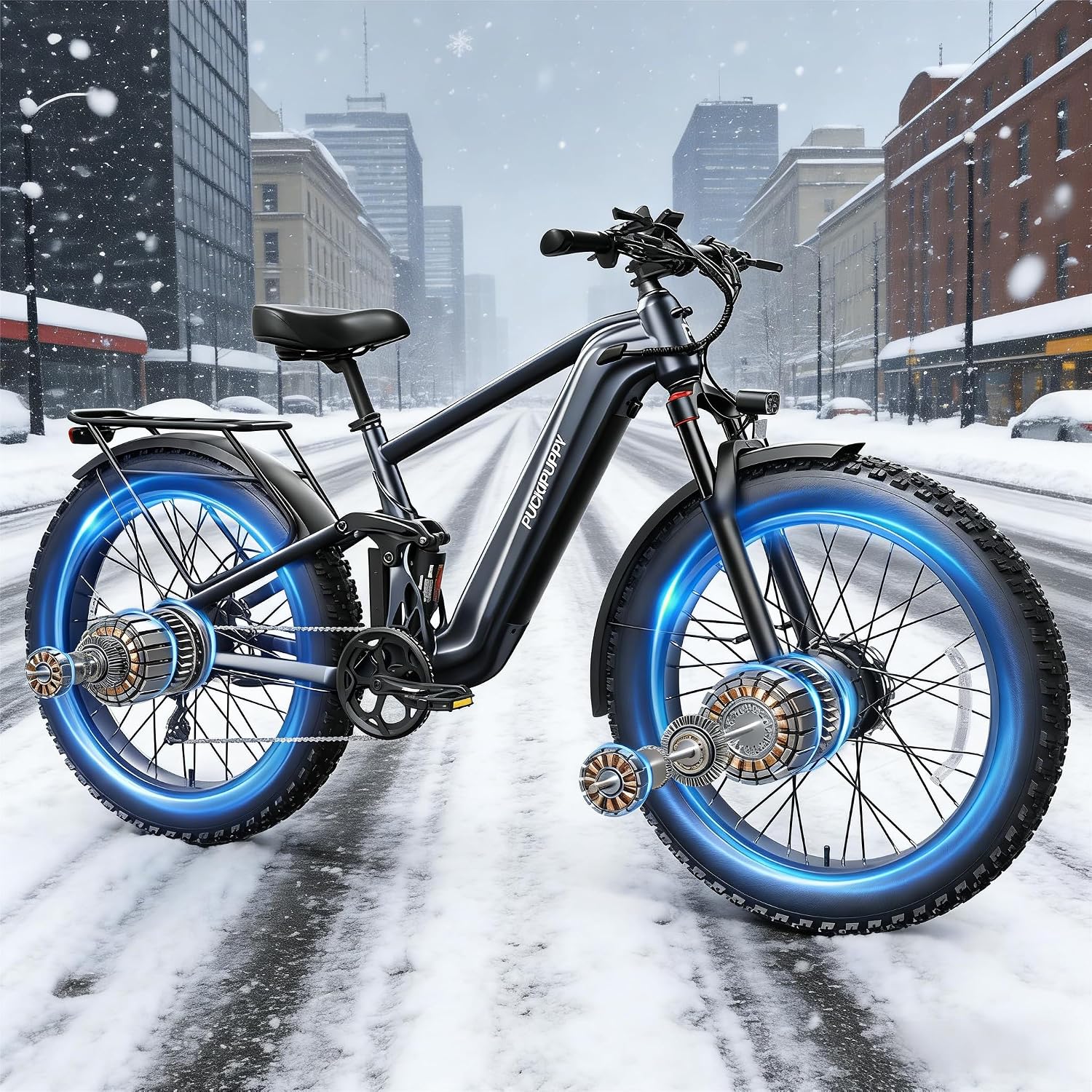PUCKIPUPPY Dual Motor Electric Bike for Adults 1600W, 48V 20AH Battery with Torque Sensor, Full Suspension, 26' Fat Tire, 28MPH, 8 Speed Mountain Electric Bicycle, 80 Mile Range, Golden Retriever Pro