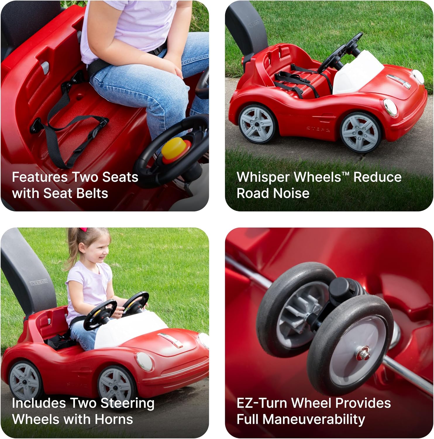 Step2 Side-by-Side Push Around Roadster, Kids Push Car, 2 Seat Ride On Car, Seat Belts & Horn, for Toddlers 1.5-4 Years Old, Red