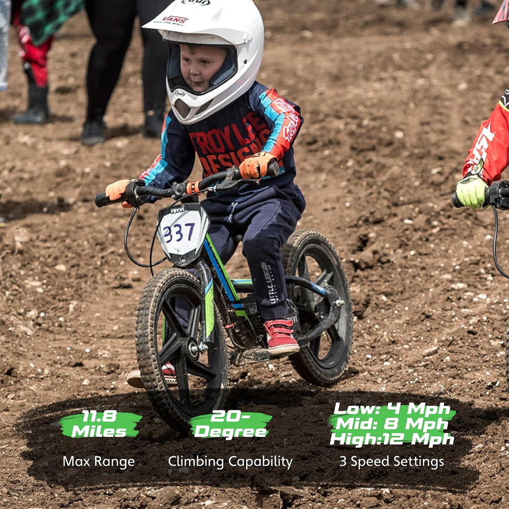 OLALA Electric Dirt Bike for Kids Aged 5-10, 340W Racing Grade Electric Motorcycle with Aluminum Frame, Up to 12MPH & 3 Speed Settings, Safe Disc Brakes, 16IN Knobby Tires