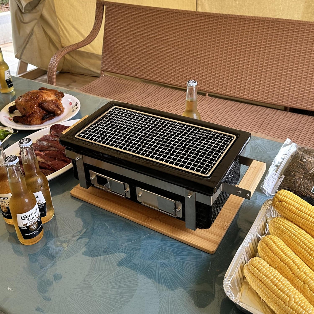 Yakitori Ceramic Charcoal Grill, Japanese Style Tabletop BBQ With Bamboo Heat Shield For Indoor/Outdoor, Square, 16'x9'