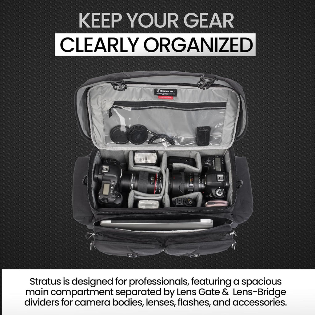 Tamrac Stratus 21 Camera Bag for Photographers, Camera Case for Photography Accessories, Shoulder Bag for DSLR and Mirrorless Cameras, Crossbody Camera Bag with Tripod Holder Strap - Black
