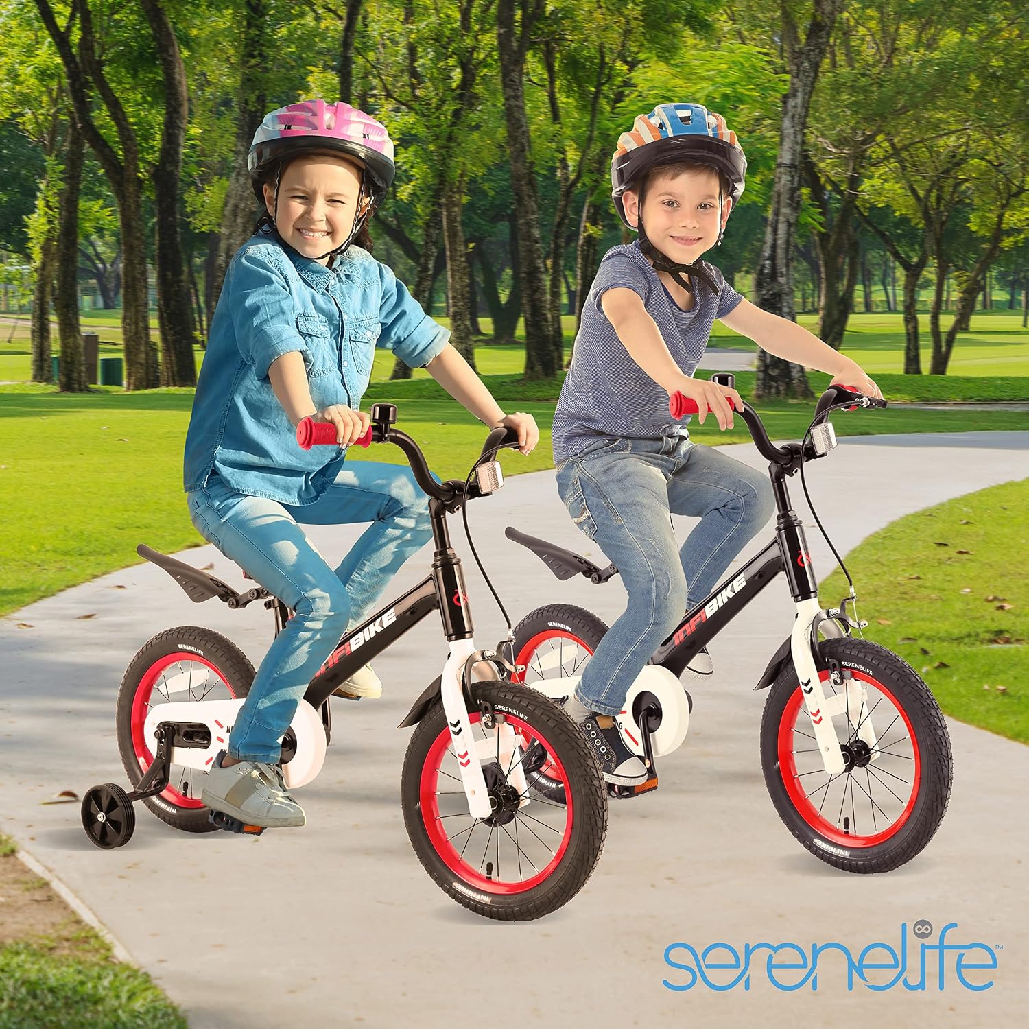 SereneLife Kids Bike with Training Wheels - Toddlers Bicycle w/Adjustable Seat Height, Alloy Steel Frame, Dual Brake System, Full Chain Guard, Reflector, Bell, Kickstand