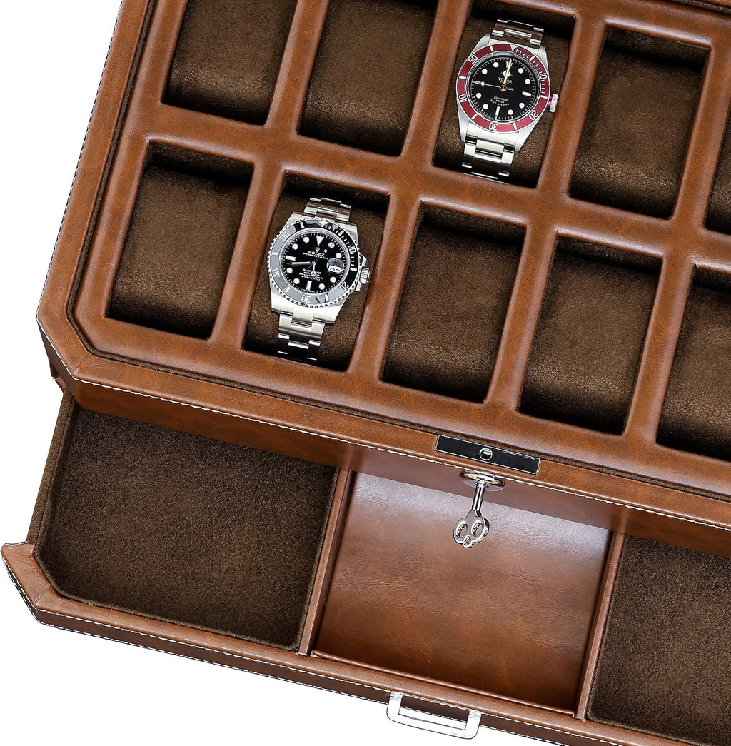 ROTHWELL 12 Slot Leather Watch Box with Valet Drawer - 12 Slot Luxury Watch Case Display Organizer, Microsuede Liner, Mens Accessories Holder, Jewelry Case, Jewelry Display Organizer (Tan/Brown)