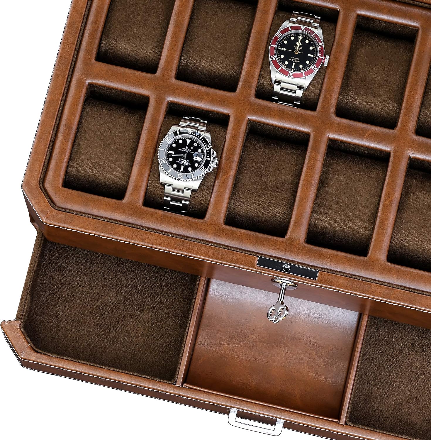 ROTHWELL 12 Slot Leather Watch Box with Valet Drawer - 12 Slot Luxury Watch Case Display Organizer, Microsuede Liner, Mens Accessories Holder, Jewelry Case, Jewelry Display Organizer (Tan/Brown)