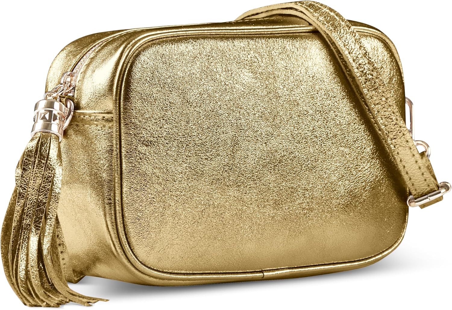 Italian Genuine Metallic Suede Crossbody Bag for Women with Zipper | Small Leather Camera Purse Shoulder Handbag Pocketbook