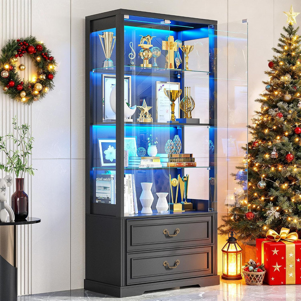 TAGELIER Glass Display Cabinet with Door, 4-Tier Curio Cabinet with 2 Drawers and Adjustable Glass Height Showcase, Display Case with 3 LED Light and Human Body Sensor, Black