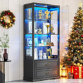 TAGELIER Glass Display Cabinet with Door, 4-Tier Curio Cabinet with 2 Drawers and Adjustable Glass Height Showcase, Display Case with 3 LED Light and Human Body Sensor, Black