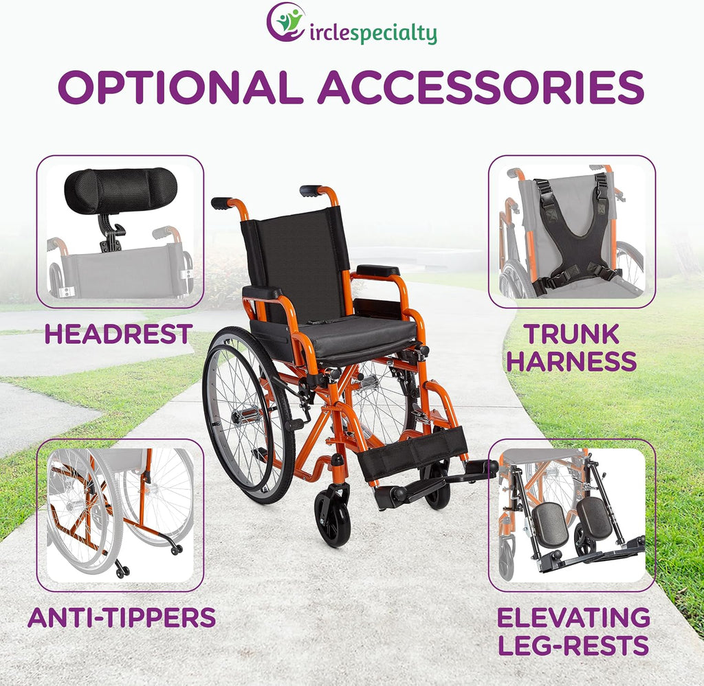 Ziggo 12' Seat Width Pediatric Wheelchair for Kids & Children, Lightweight, Manual Folding Wheelchair w/Safety Belt, Swing-Away Foot Support w/Straps, Desk Length Arm Rests, Free Cushion Accessory