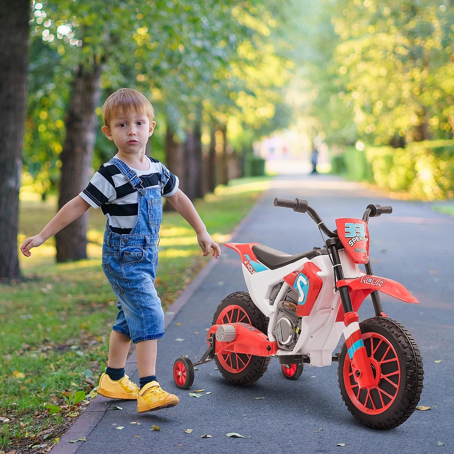 Aosom 12V Kids Motorcycle w/Treaded Tires, 5mph Top Speed Electric Bike for Kids, Ride On Motorcycle w/Training Wheels, Battery Charger, Spring Suspension, Red