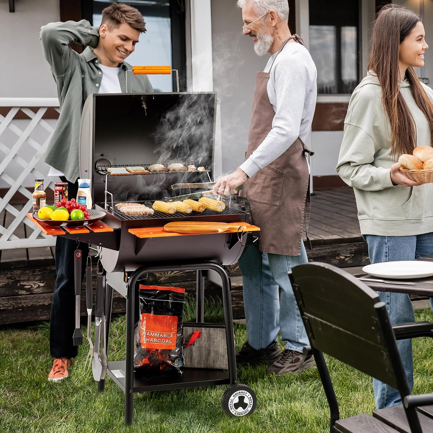 Royal Gourmet CC2024 24 Inch Charcoal Barrel Grill with Warming Rack, Outdoor BBQ Grill with Wooden Front and Side Shelves, for Backyard, Patio and Parties, Black