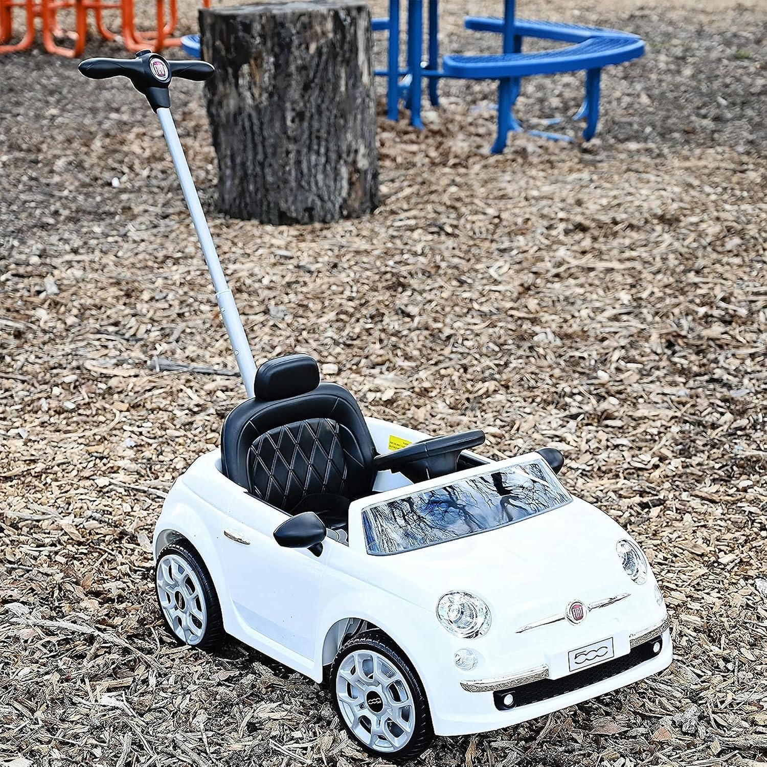 BEST RIDE ON CARS Fiat 500 Push Car for Kids, White, Stroller, Adjustable Handle, Music, Stable Wheels, Safety Belt, Multi-Functional Steering Wheel