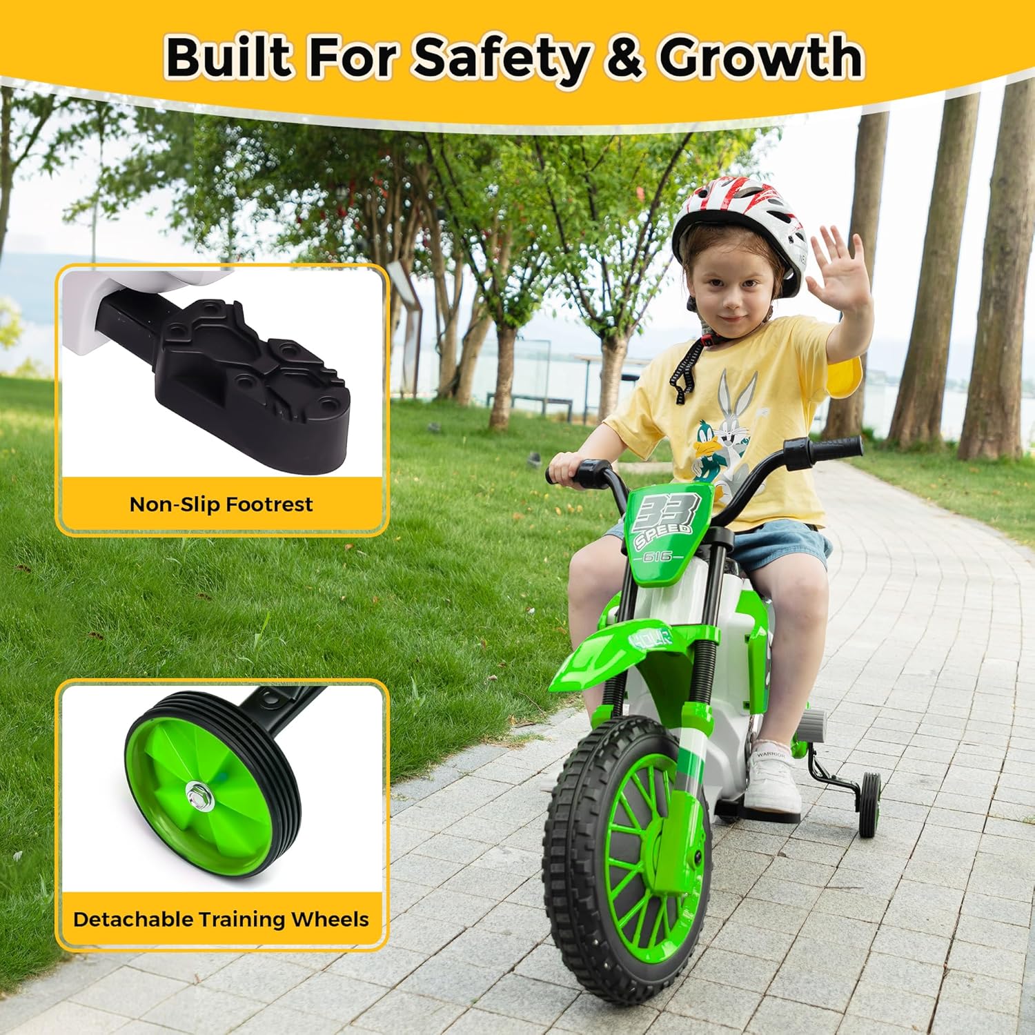 TOBBI Electric Motorcycle for Kids 12V Dirt Bike Ride on Toy Battery Powered Motorbike Off-Road Motocross Kid Motorized Vehicles w/ 2 Speeds, 35W Dual Motors, Training Wheels, Green
