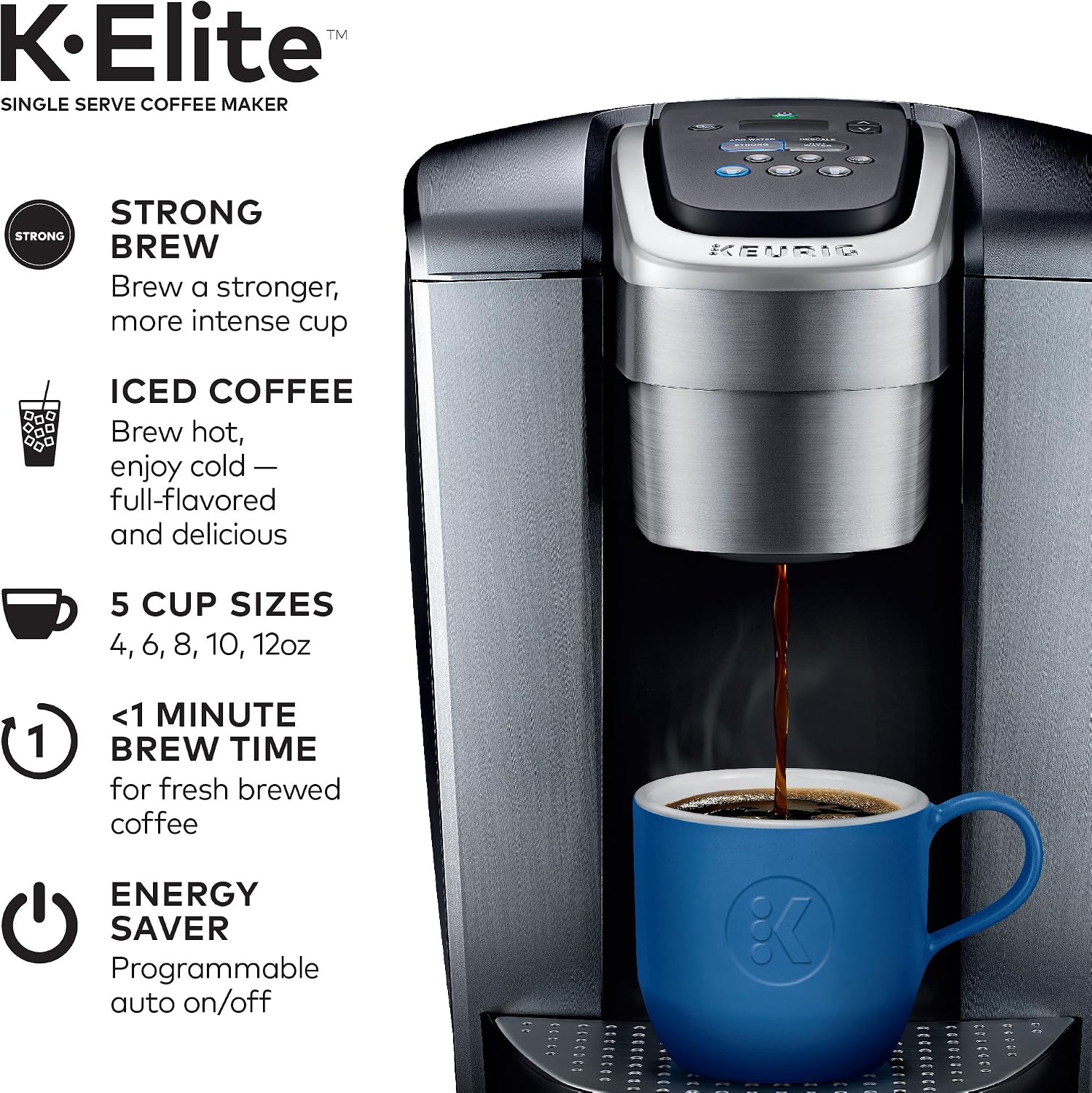 Keurig K-Elite Single-Serve K-Cup Pod Coffee Maker, Brushed Silver & Standalone Frother Works Non-Dairy Milk, Hot and Cold Frothing, 6 Oz, Black