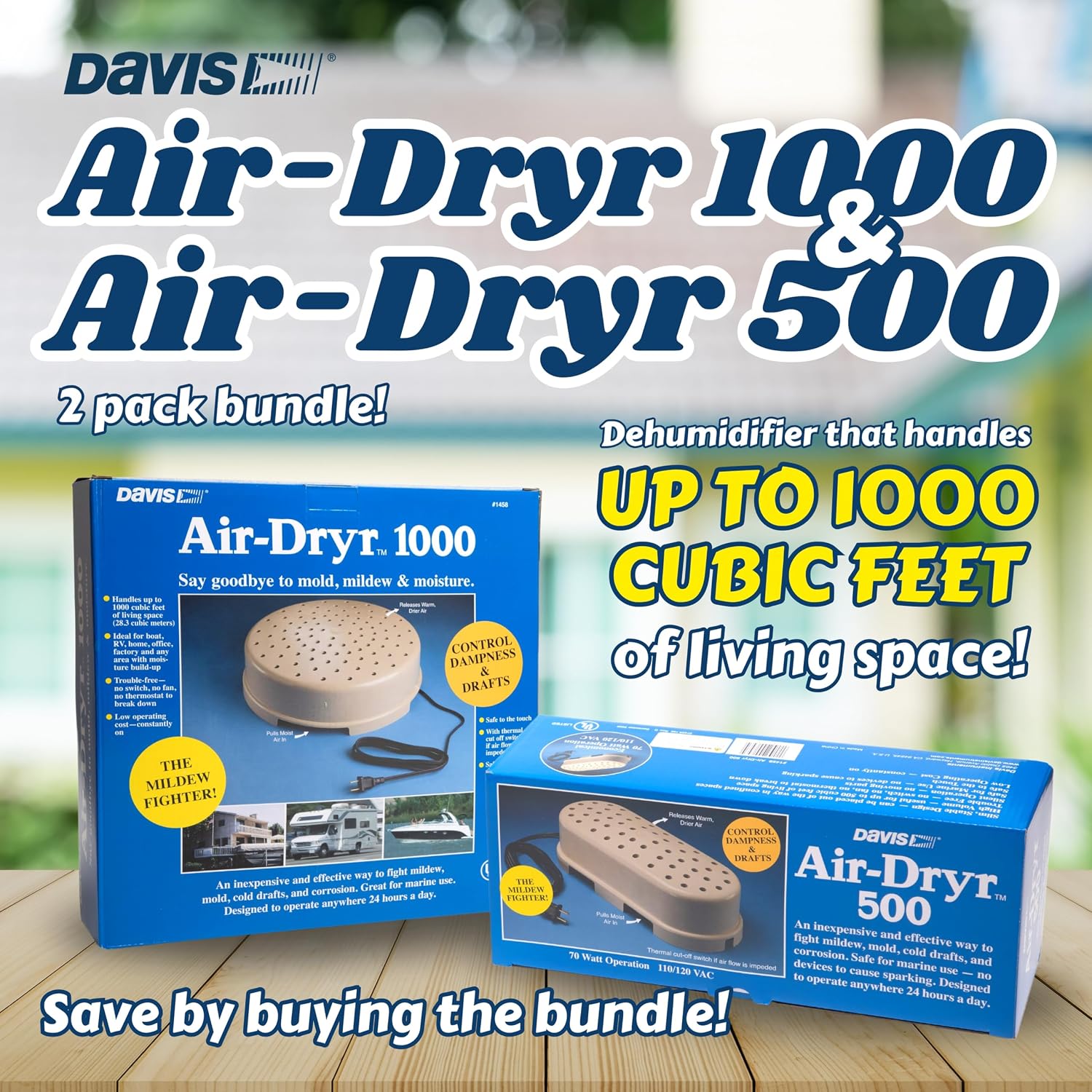 Davis Air-Dryr 500 & 1000 2 Pack Bundle - Quiet Room Dehumidifier for Moisture Problems and Wet Air Solution - Portable Dehumidifier for RV, Camper, Bathroom, Bedroom and More