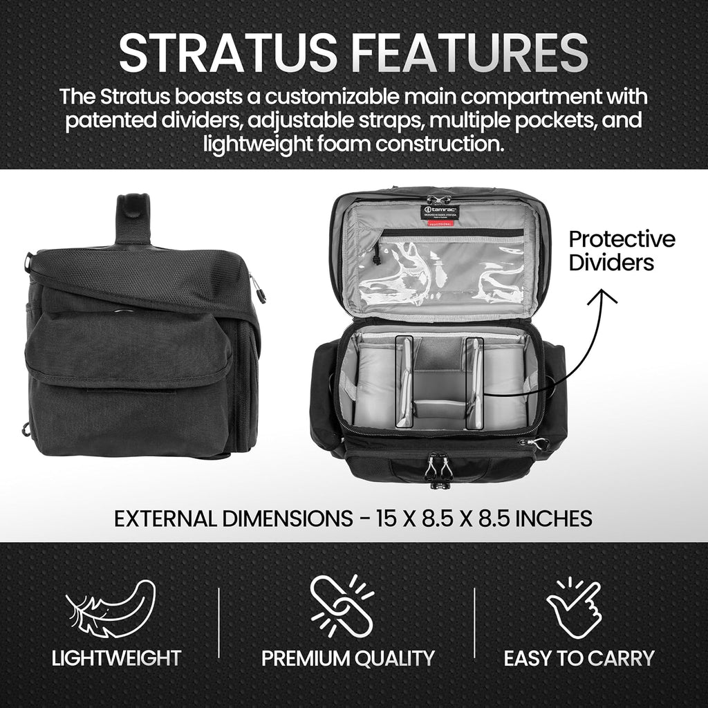 Tamrac Stratus 8 Camera Bag for Photographers, Camera Case for Photography Accessories, Shoulder Bag for DSLR and Mirrorless Cameras, Crossbody Camera Bag with Tripod Holder Strap - Black