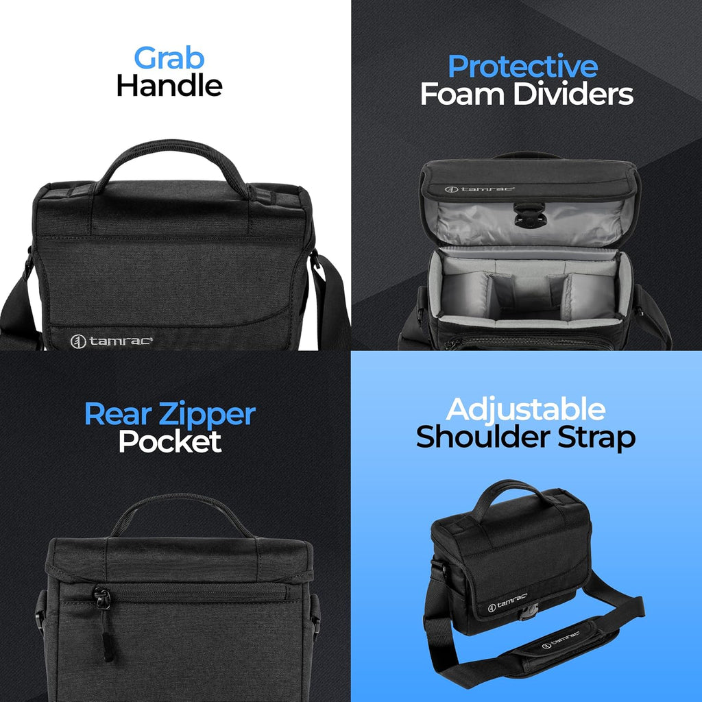 Tamrac Derechoe 3 Camera Bag for Photographers, Camera Case for Photography Accessories, Shoulder Bag for Compact DSLR and Mirrorless Cameras, Crossbody Camera Bag with Tablet Sleeve - Black