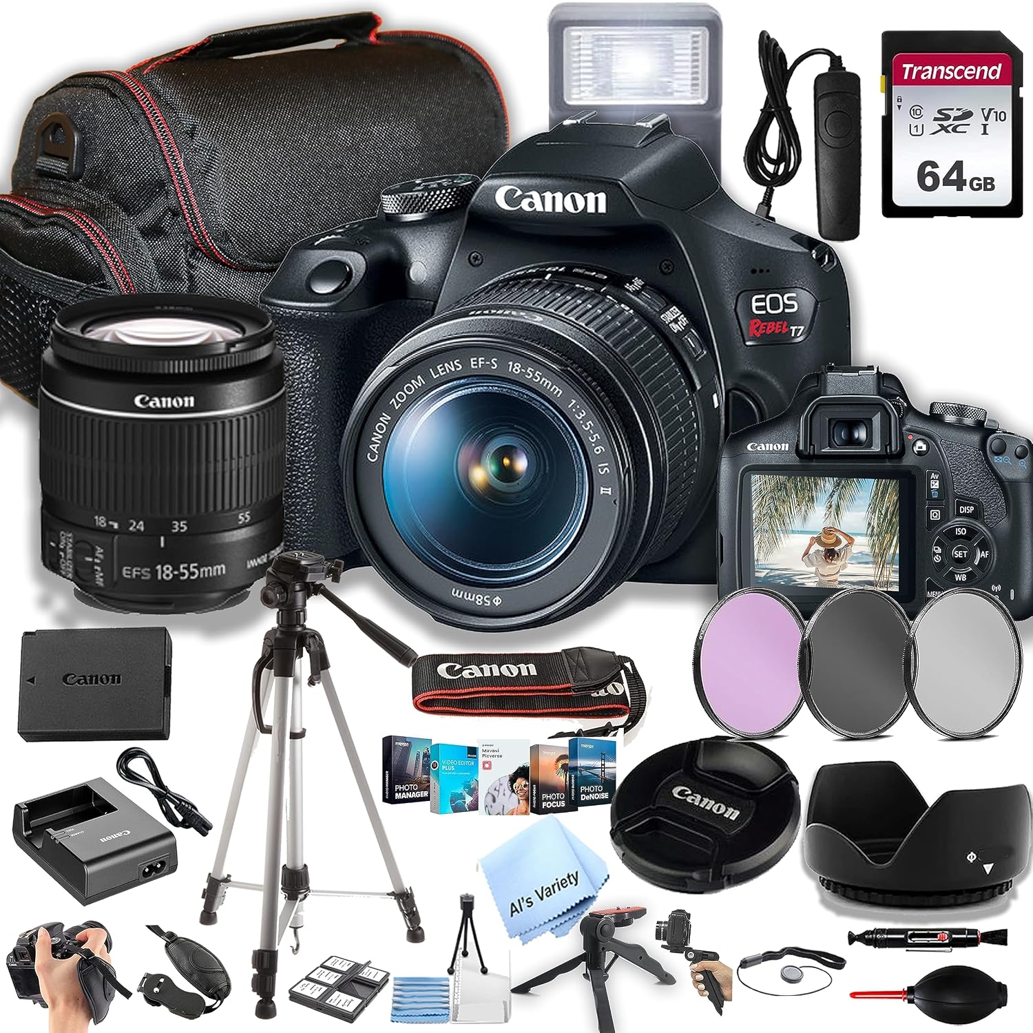 Canon EOS Rebel T7 DSLR Camera w/EF-S 18-55mm F/3.5-5.6 is II Zoom Lens + 64GB Memory, Filters,Case, Tripod, Flash, Remote, and More (35pc Bundle) (Renewed)