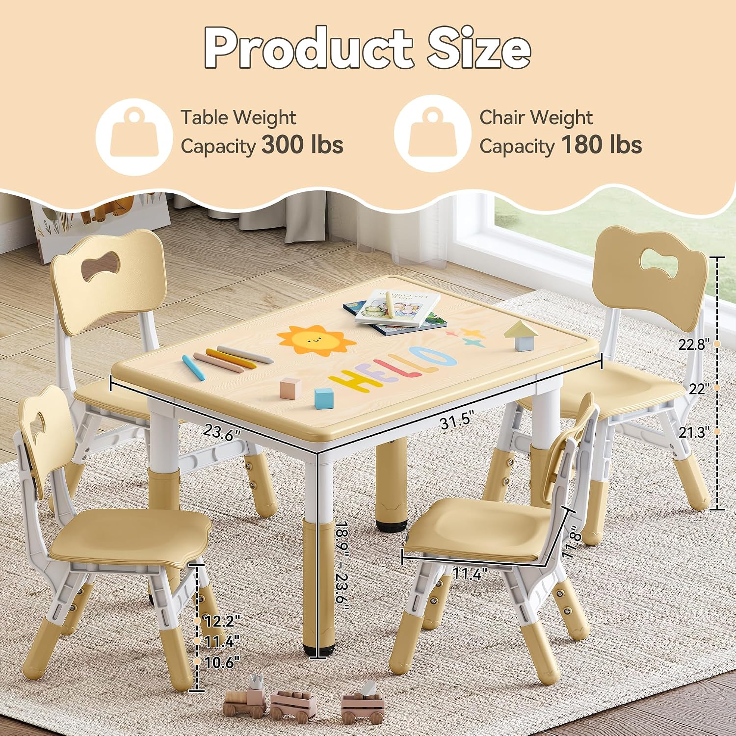 GITAWUSA Kids Study Table and Chairs Set, Height Adjustable Toddler Table and Chair Set for Kids Ages 3-8, 31.5' L x 23.6' W Graffiti Desktop Plastic Children Art Table with 4 Seats, Brown
