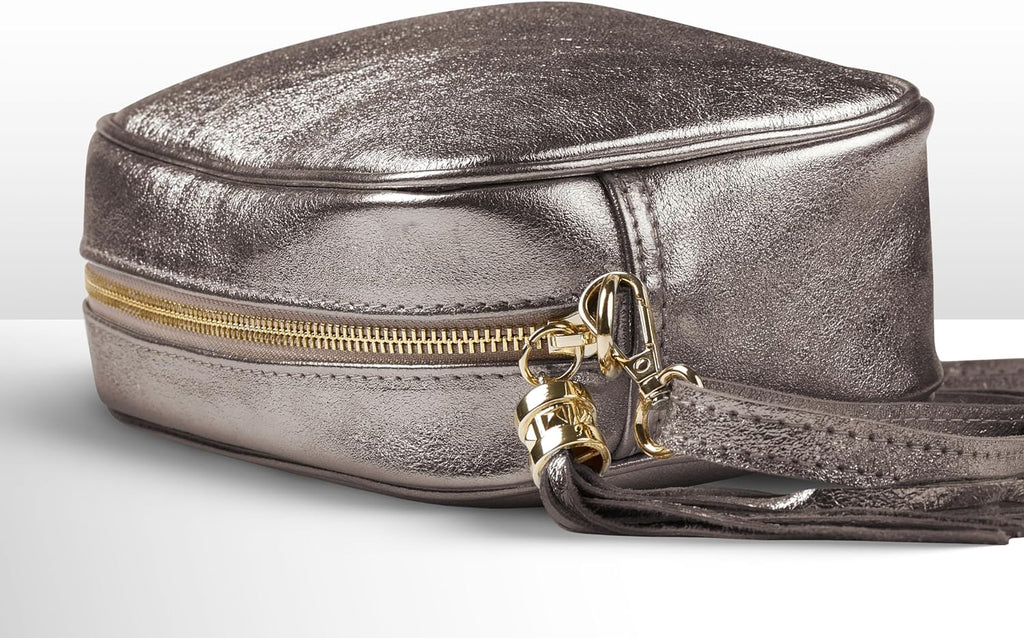 Italian Genuine Metallic Suede Crossbody Bag for Women with Zipper | Small Leather Camera Purse Shoulder Handbag Pocketbook