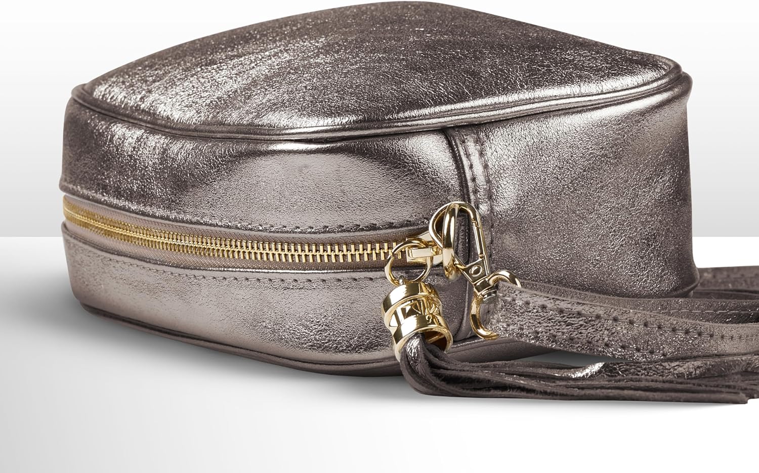 Italian Genuine Metallic Suede Crossbody Bag for Women with Zipper | Small Leather Camera Purse Shoulder Handbag Pocketbook
