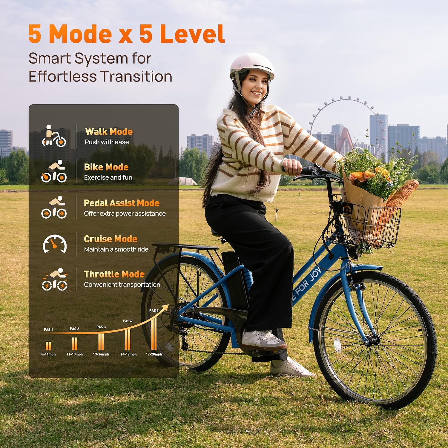 26' Electric Bike,1000W Peak City Cruiser Ebikes,20MPH 70Miles Step Thru Electric Bicycle with 48V Removable Battery,Detachable Foldable Basket,Rear Rack(TUV & UL2849)