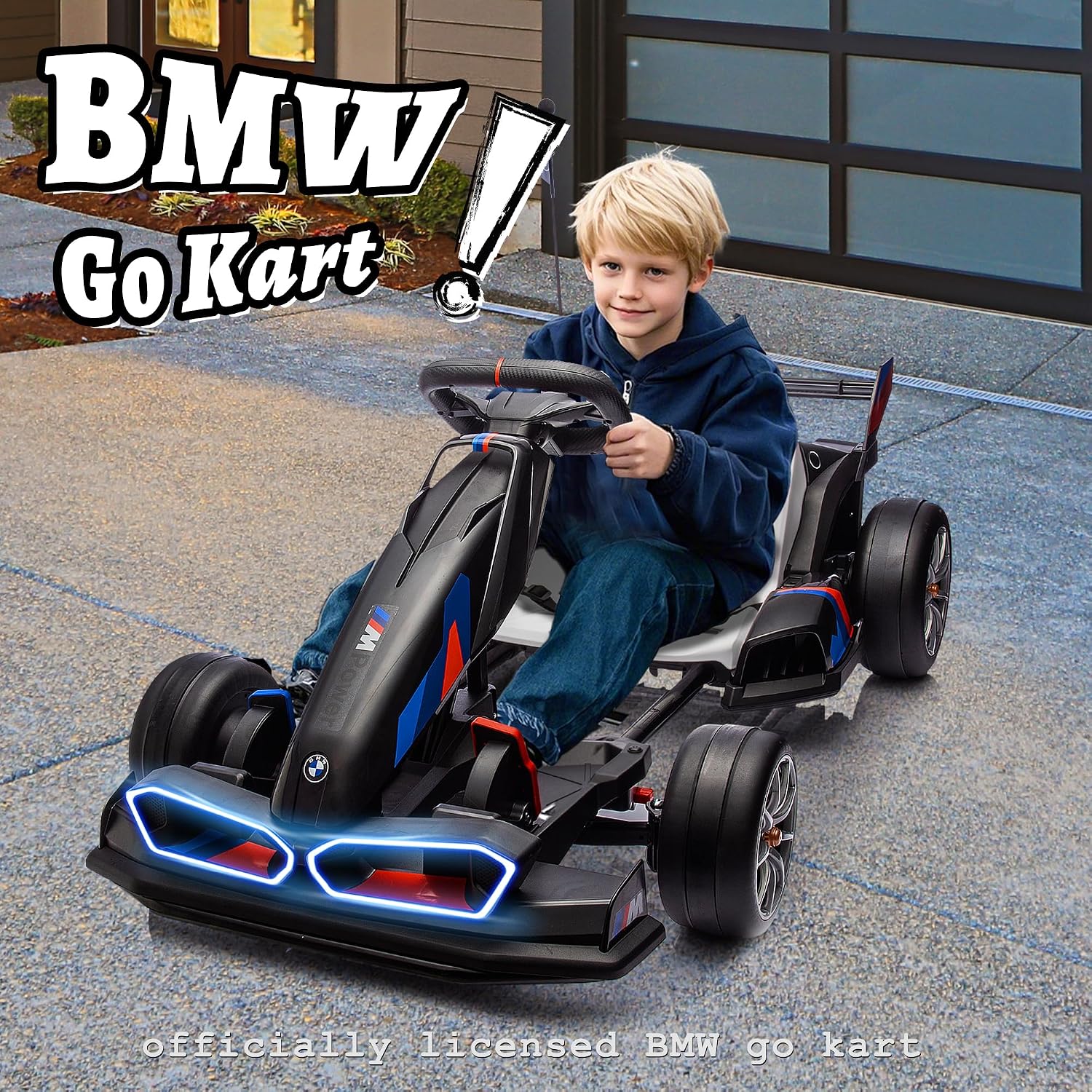 FORESEE 24V Licensed BMW Kids Electric Go Kart, Battery Powered Drift Kart w/Adjustable Seat, Ride On Toy for Big Kids Ages 6+, 7.5MPH Racing Go Cart w/400W Motor, LED Lights & Safety Belt, Black