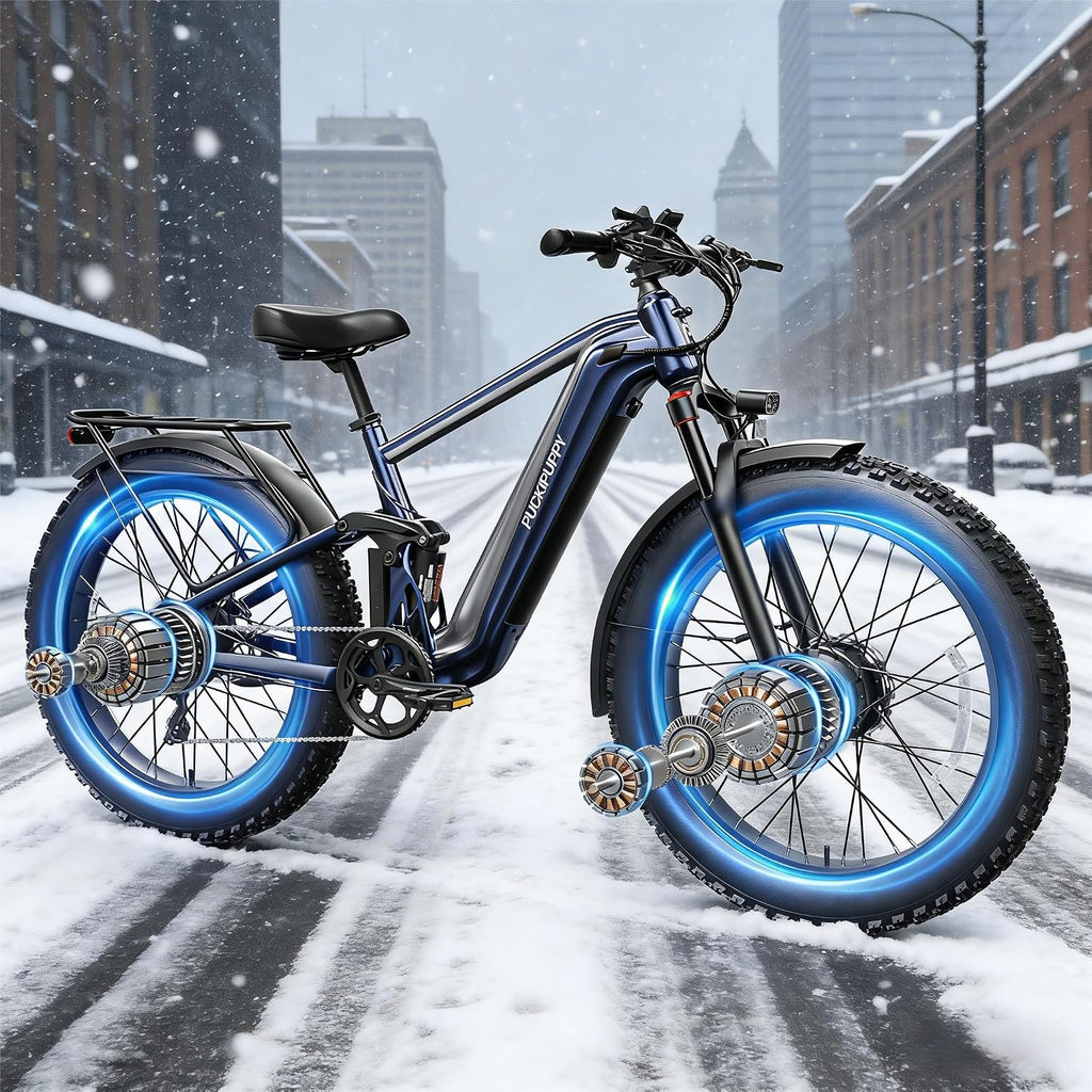 PUCKIPUPPY Dual Motor Electric Bike for Adults 1600W, 48V 20AH Battery with Torque Sensor, Full Suspension, 26' Fat Tire, 28MPH, 8 Speed Mountain Electric Bicycle, 80 Mile Range, Golden Retriever Pro