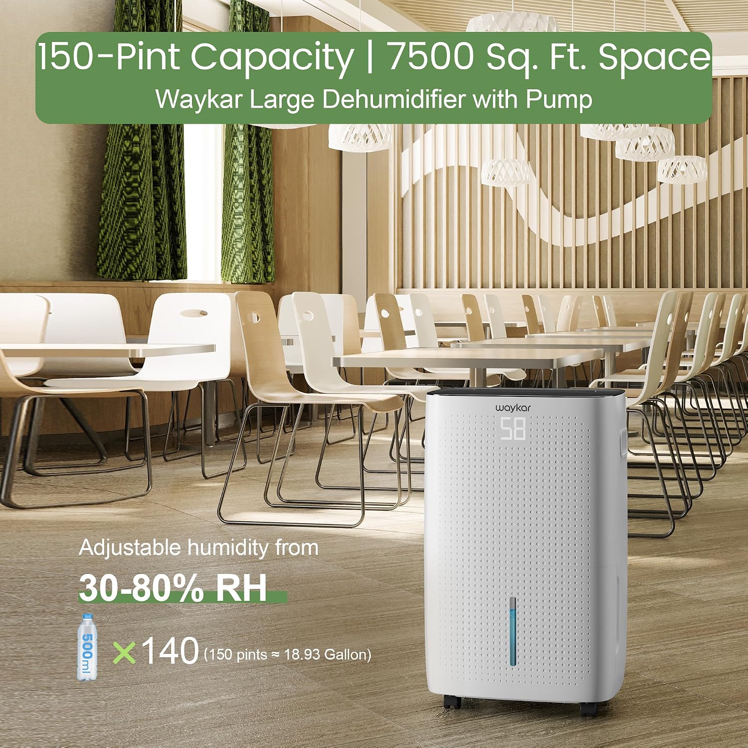 Waykar 150 Pints 7,500 Sq. Ft High Efficiency Dehumidifier with Pump for Commercial and Industrial Large Room, Basement, Home, Storage, Warehouse with Drain Hose and Water Tank