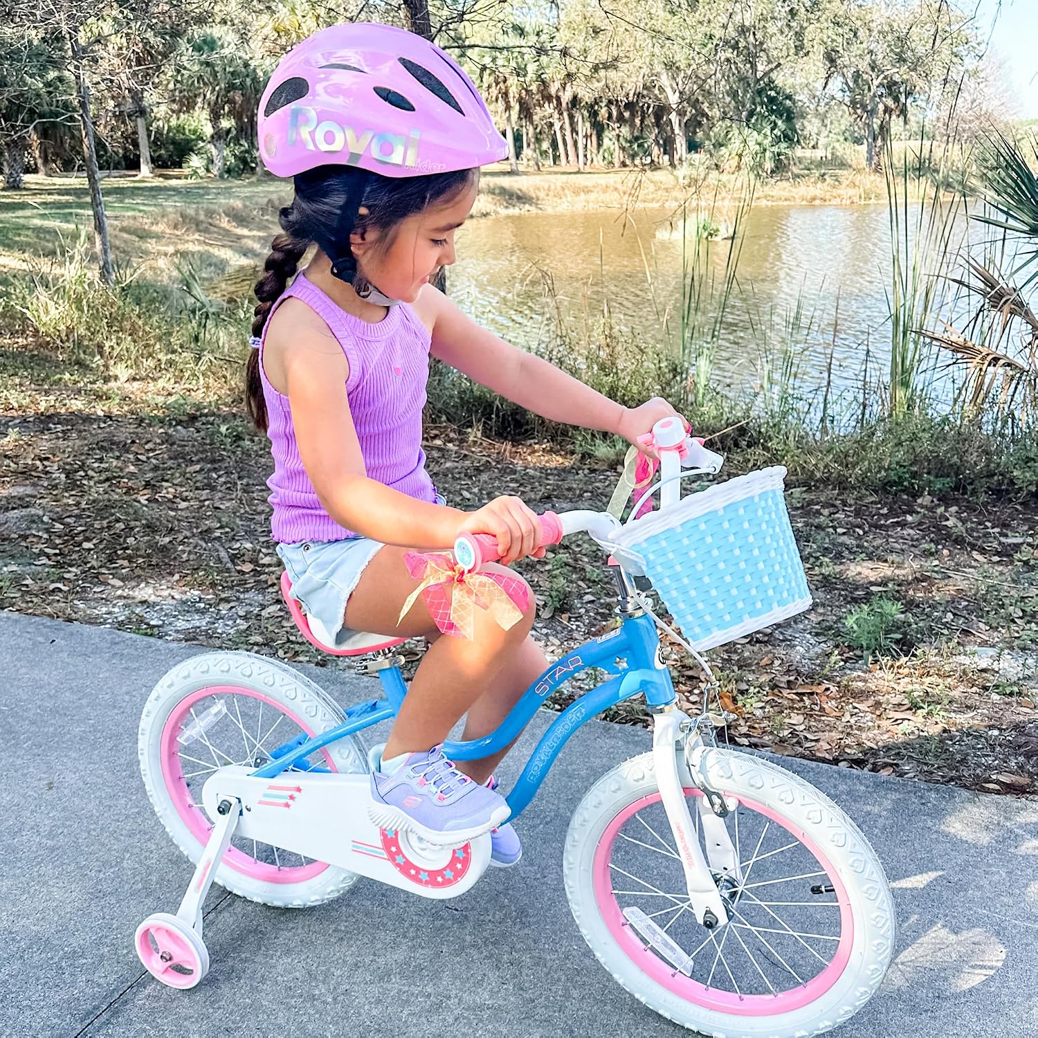 Royalbaby Stargirl Children's Bicycle Outdoor Adventure Ride-On Bike with Training Wheels, Adjustable Seat, and Basket, 14 Inch, Blue
