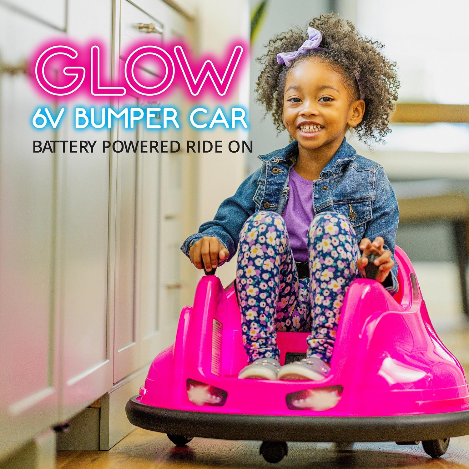 Flybar 6V Pink Glow Bumper Car for Kids – LED Ride-On Toy with 360° Spin, Rechargeable Battery, and Soft Rubber Bumpers – Safe Indoor Fun for Toddlers Ages 1.5+, Up to 66 lbs