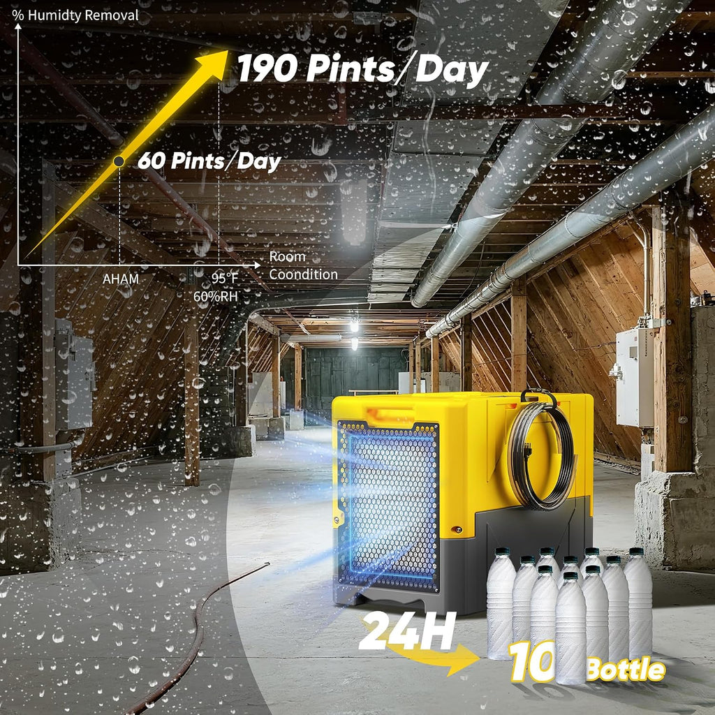 190Pints High Efficiency Commercial Dehumidifier for Basements-6000 Sq.Ft. Industrial Grade Dehumidifiers with Pump & Drain Hose for Crawl Spaces Water Damage Restoration-Yellow-1PC