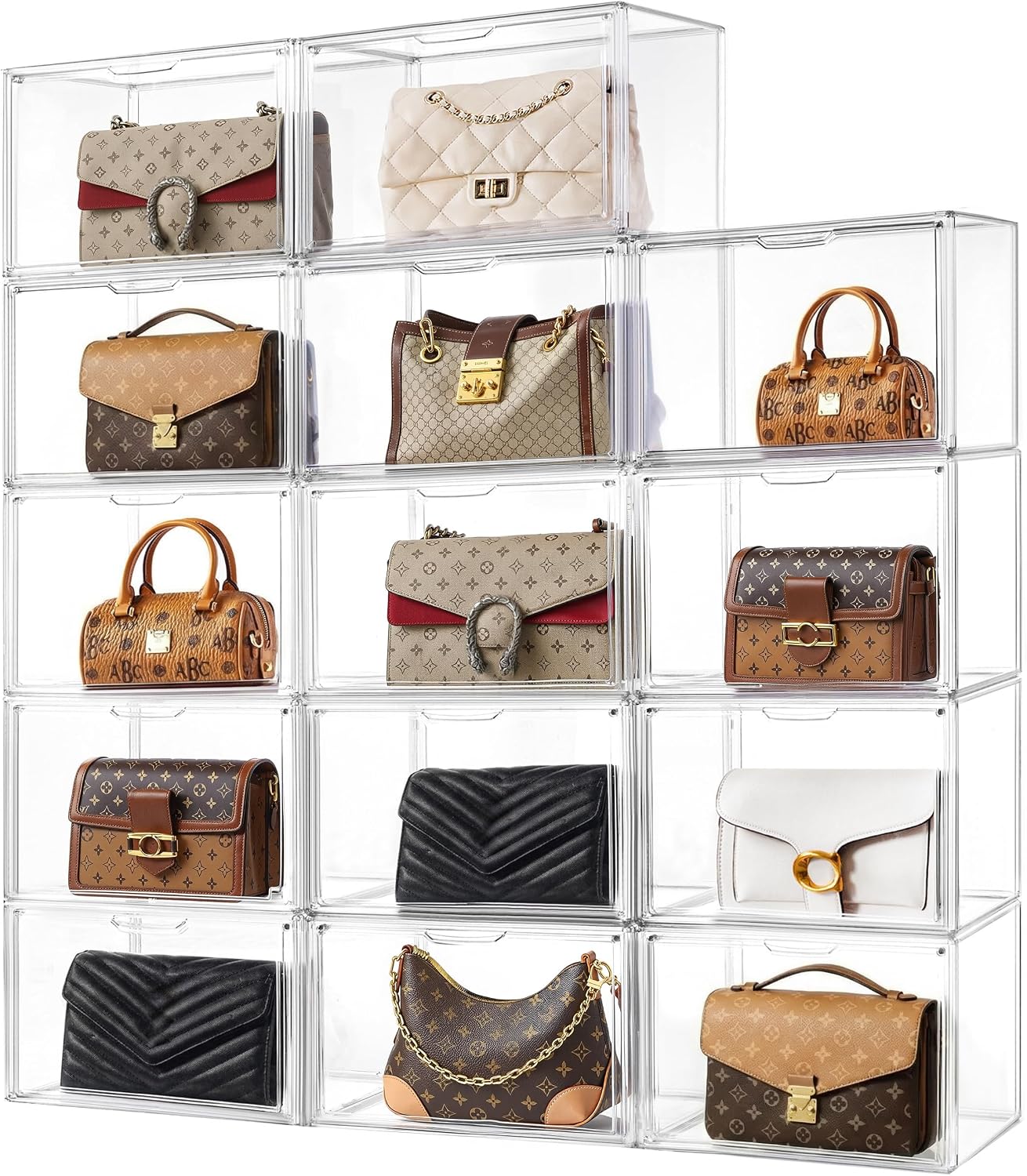 HBlife 14 Pack Purse Storage Organizer for Closet, Large Clear Stackable Handbag Display Case Box with Magnetic Door for Collectibles, Cosmetics, Women Heels and Toys