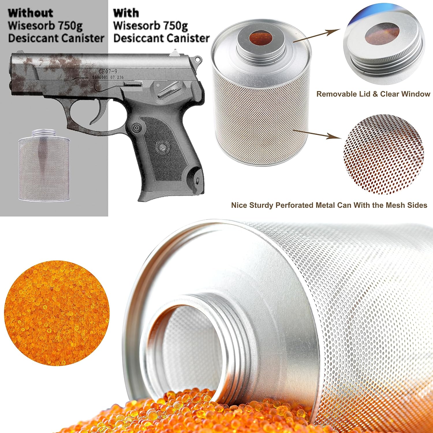 Wisesorb 750 Grams 16 Pack Gun Safe Dehumidifier, Reusable Canister Desiccant Dehumidifier, Rechargeable 1.65 Lbs Indicating Silica Gel Orange To Green