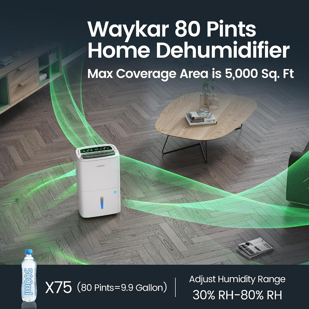 Waykar Max 80 Pint/D(Standard 62Pint/D) Energy Star Home Dehumidifier for Spaces up to 5,000 Sq. Ft, Ideal for Basement, Bathroom and Large Room with Drain Hose, Portable, Auto Defrost and Self-Drying