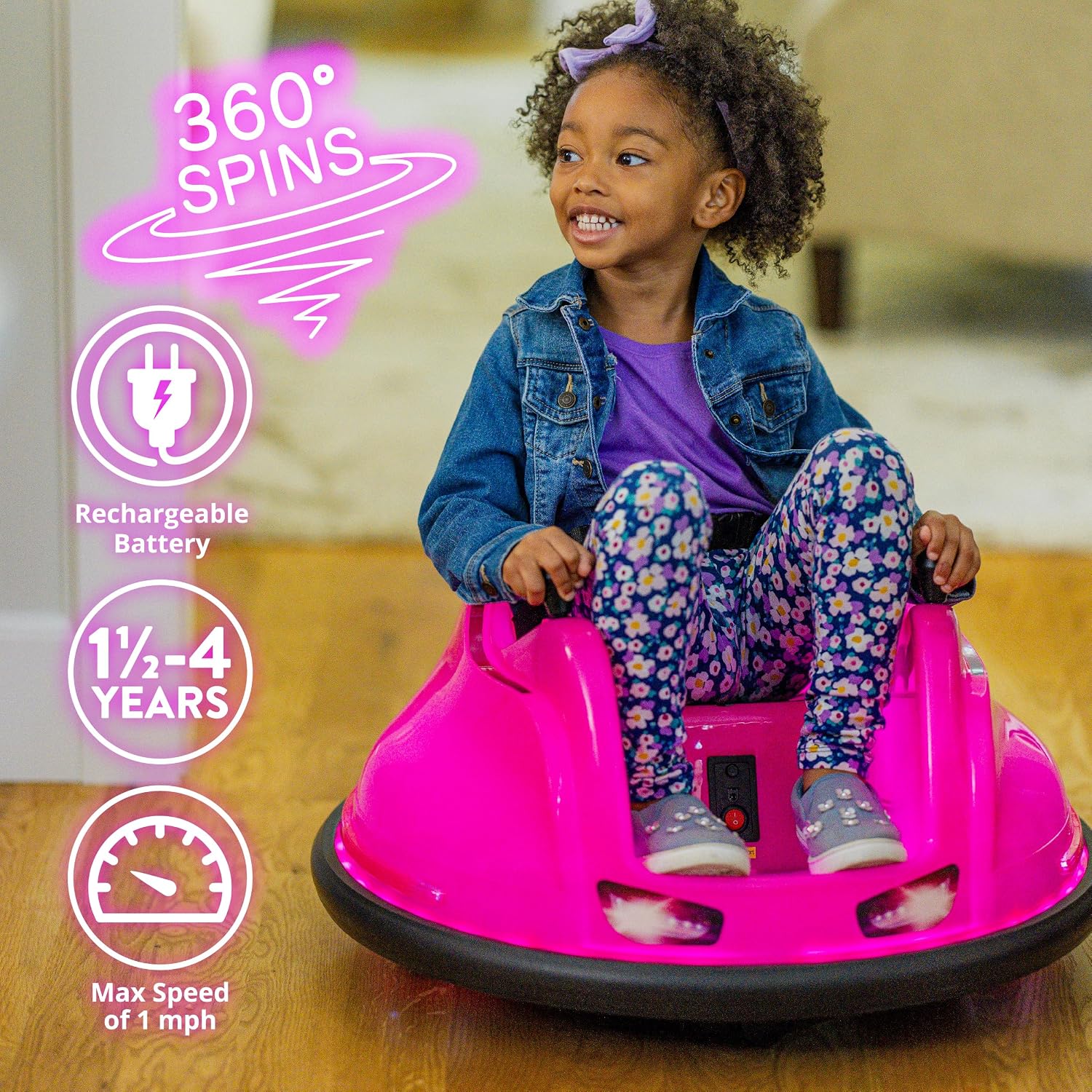 Flybar 6V Pink Glow Bumper Car for Kids – LED Ride-On Toy with 360° Spin, Rechargeable Battery, and Soft Rubber Bumpers – Safe Indoor Fun for Toddlers Ages 1.5+, Up to 66 lbs