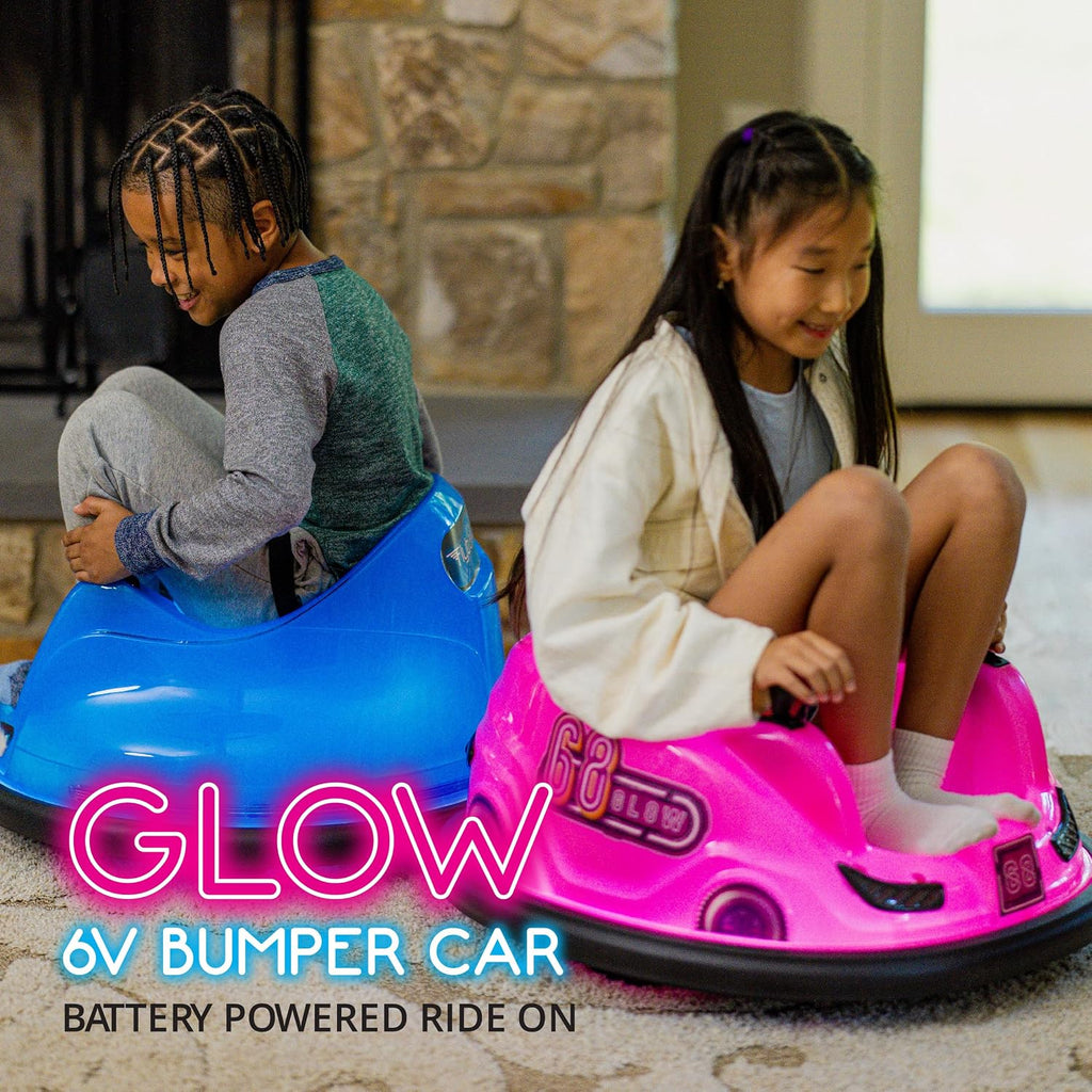 Flybar 6V Pink Glow Bumper Car for Kids – LED Ride-On Toy with 360° Spin, Rechargeable Battery, and Soft Rubber Bumpers – Safe Indoor Fun for Toddlers Ages 1.5+, Up to 66 lbs
